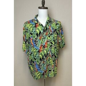 Pineapple Connection‎ Hawaiian Shirt Men's Sz L Black Green Tropical Parrots